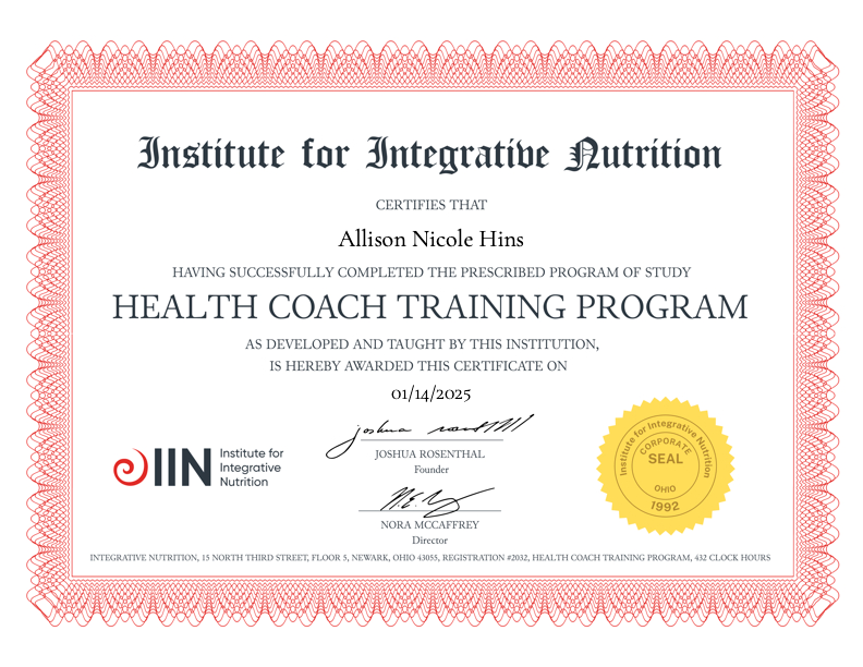 IIN Health Coach Training Program Certificate - Allison Nicole Hins